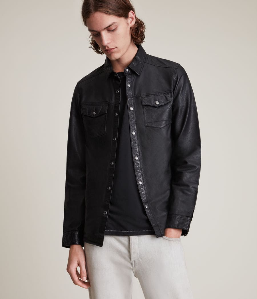  Men's Black Trucker Leather Shirt