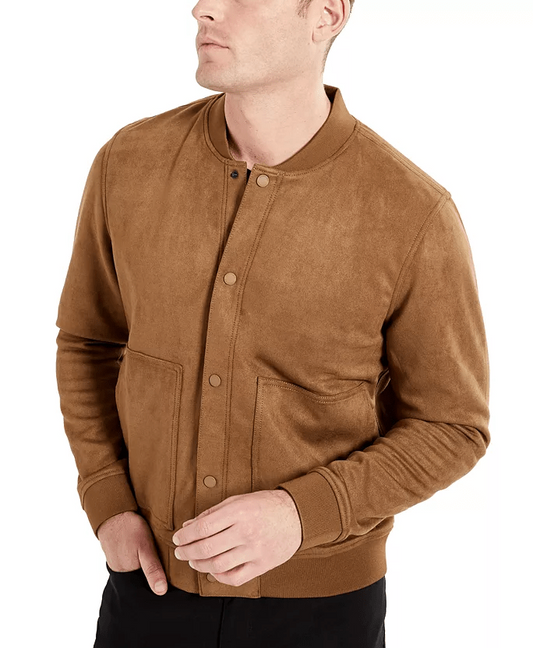 Men's Premium Tan Brown Suede Leather Bomber Jacket by Avanzar Leather