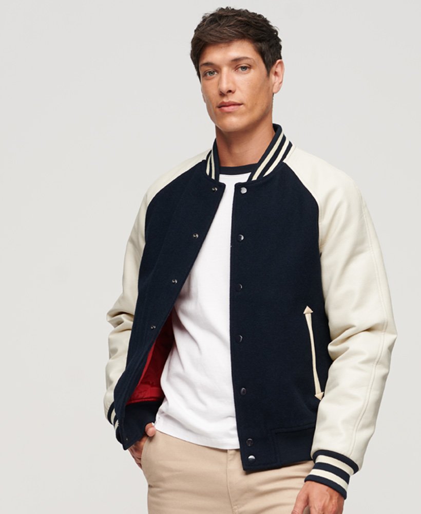 Men's Bomber Varsity Leather Jacket in Black & White Sleeves