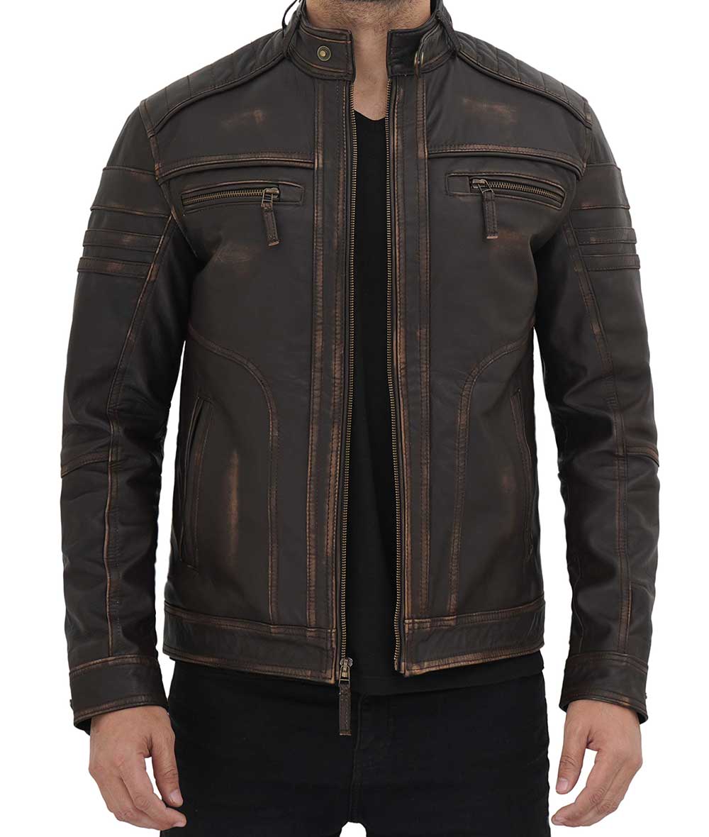 Men's Café Racer Distressed Coffee Brown Leather Jacket