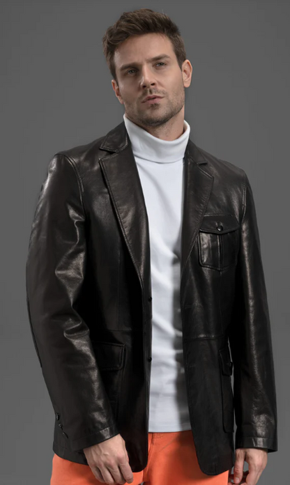 Men's Classic Black Leather Blazer