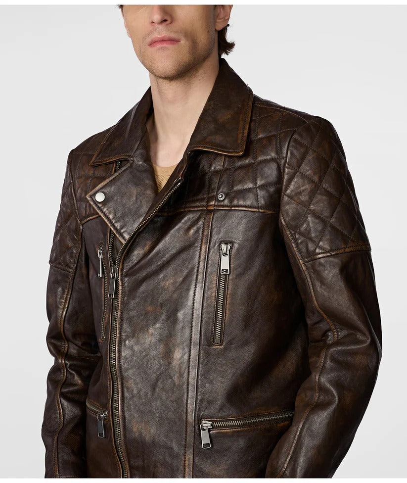 Men's Distressed Biker Leather Jacket in Dark Brown Rugged Style Meets Vintage Charm