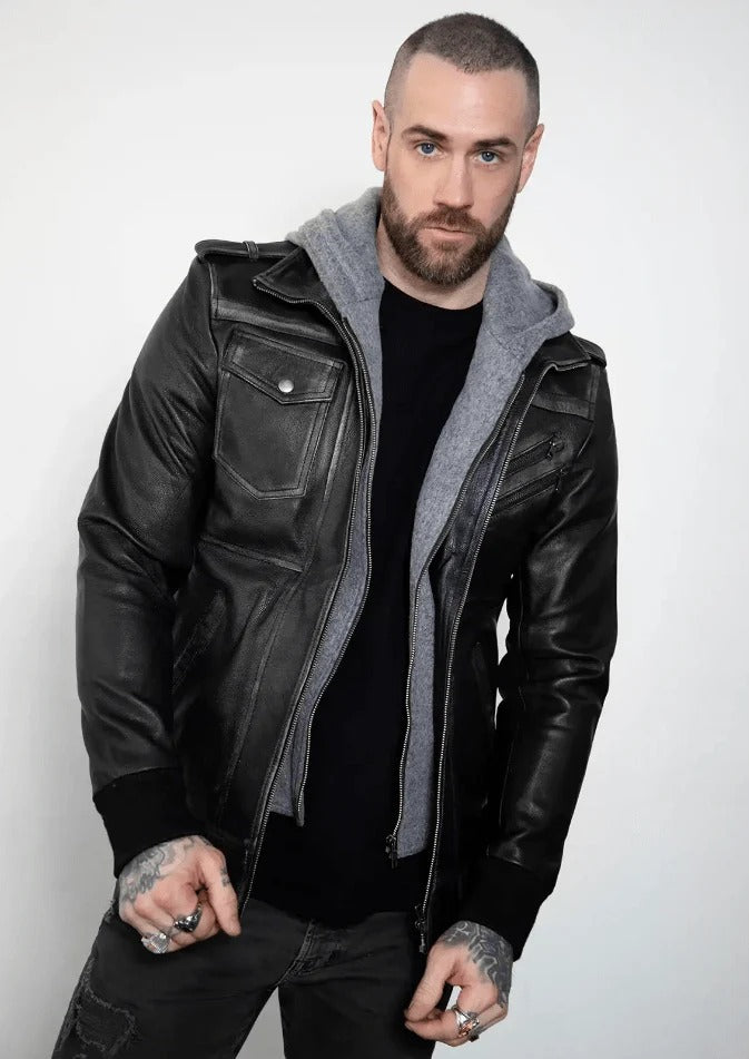 Men's Distressed Bomber Leather Jacket in Black Rugged Sophistication