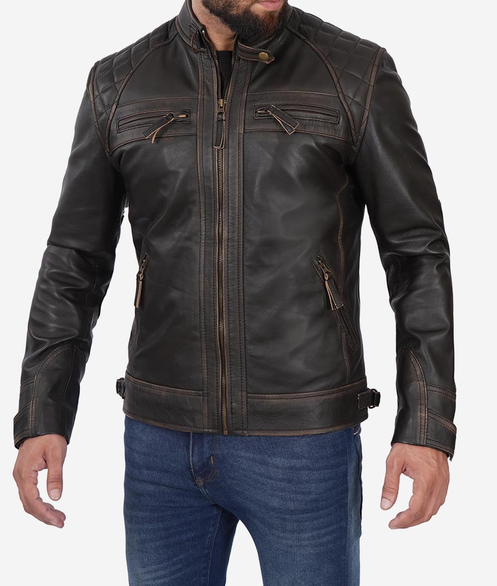 Men's Distressed Black Café Racer Leather Jacket