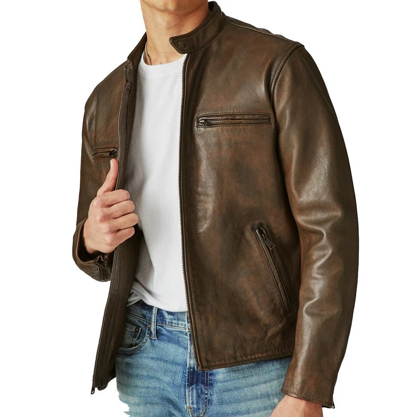 Men's Distressed Motorcycle Leather Jacket in Black Rugged and Timeless