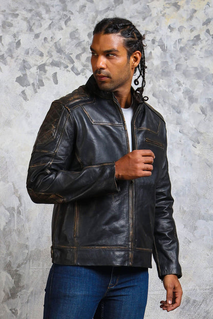 Men's Distressed Motorcycle Leather Jacket in Black