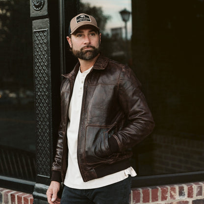 Men's Dark Brown Distressed Shearling Bomber Leather Jacket