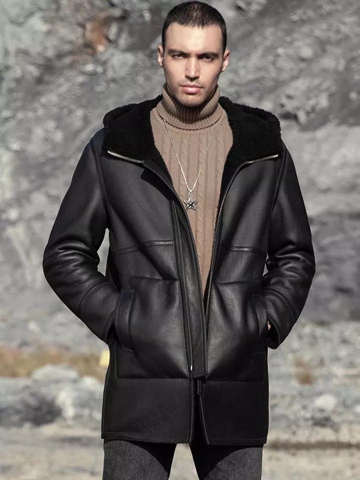 Men's Double-Sided Shearling Leather Coat in Black with Hood