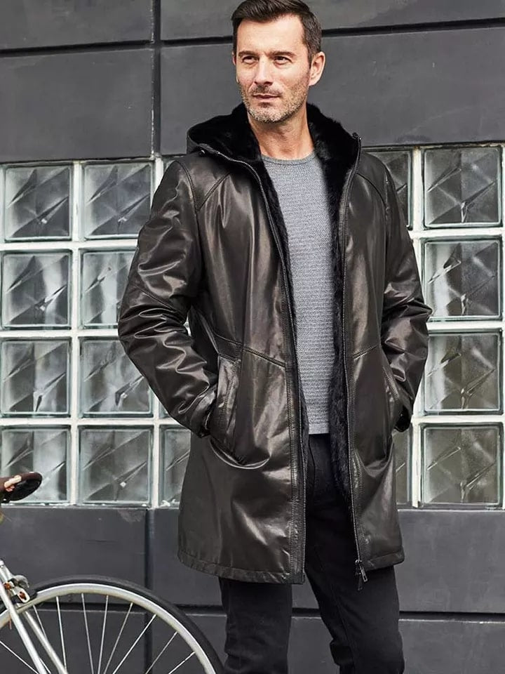 Men's Black Fur Sheepskin Leather Coat with Hood