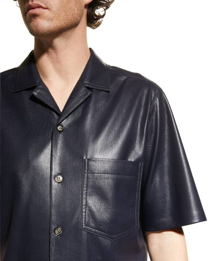 Men's Navy Blue Half Sleeve Leather Shirt