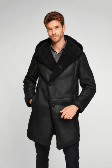 Men's Black Hooded Shearling Leather Coat