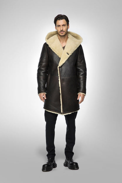 Men's Black Hooded Sheepskin Shearling Leather Coat