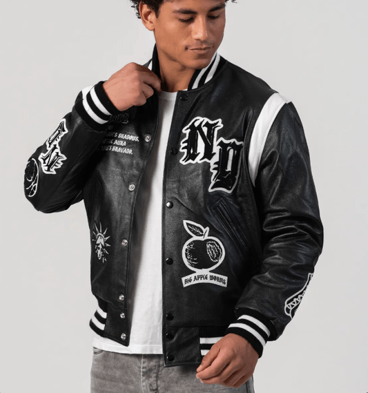 New York Limited Edition Letterman Bomber Leather Jacket in Black