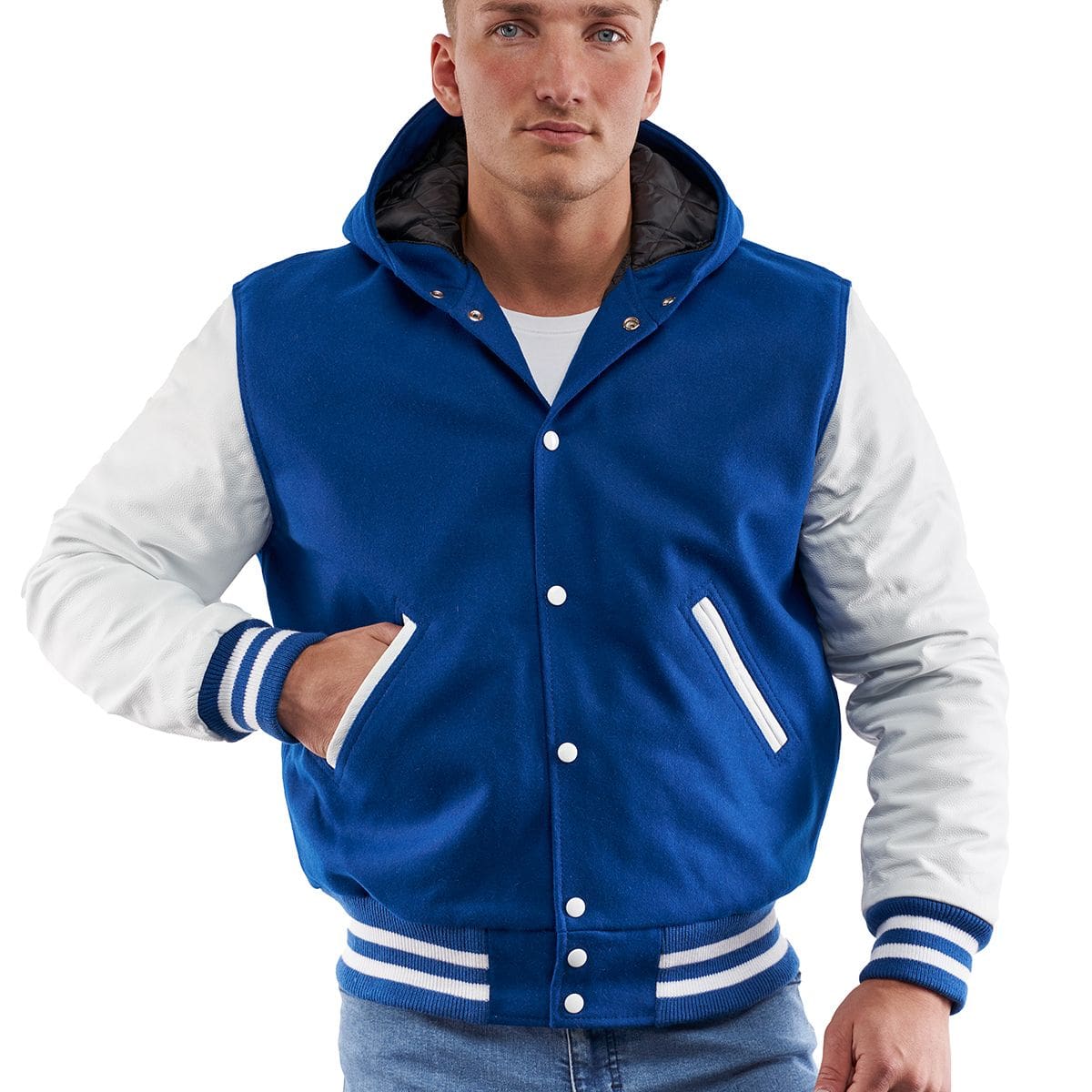 Men's Letterman Varsity Leather Jacket in Blue with Hood