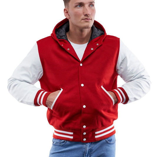 Men's Letterman Varsity Leather Jacket in Red with Hood