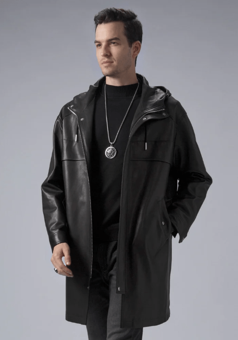 Men's Black Mid-Length Leather Coat with Hood