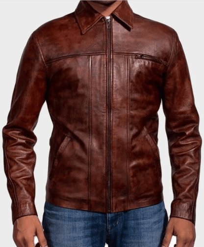 Premium Men's Distressed Dark Brown Leather Biker Jacket