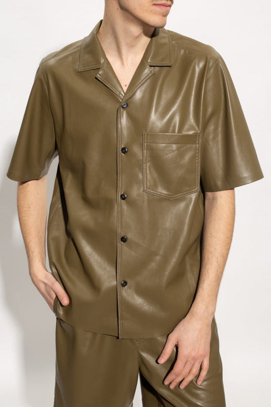 Men's Olive Green Half Sleeve Leather Shirt