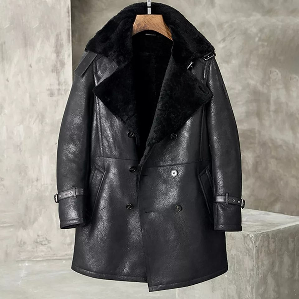 Men's Black Shearling Leather Coat