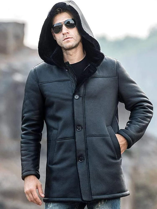 Men's Sheepskin Fur Leather Coat with Hood in Black