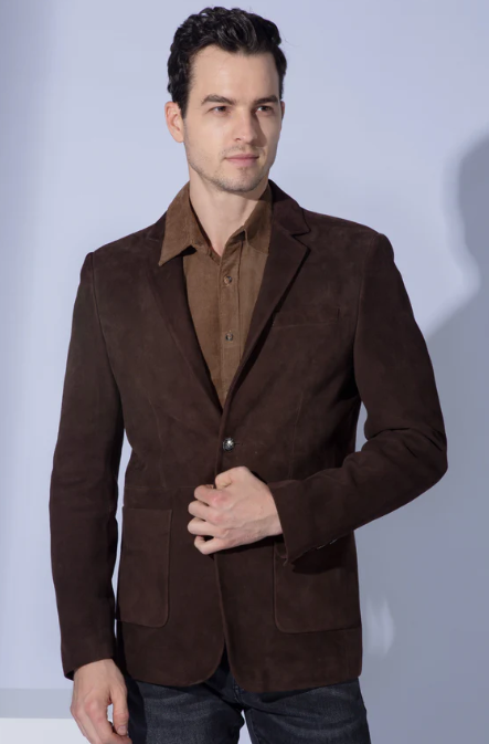 Men's Suede Leather Blazer in Dark Brown