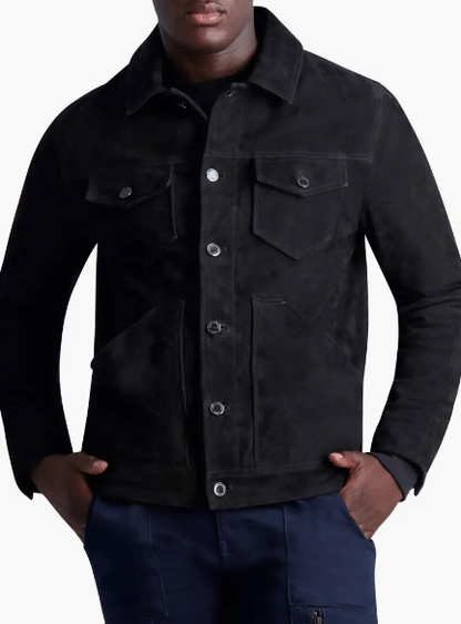 Men's Premium Black Suede Leather Trucker Jacket by Avanzar Leather