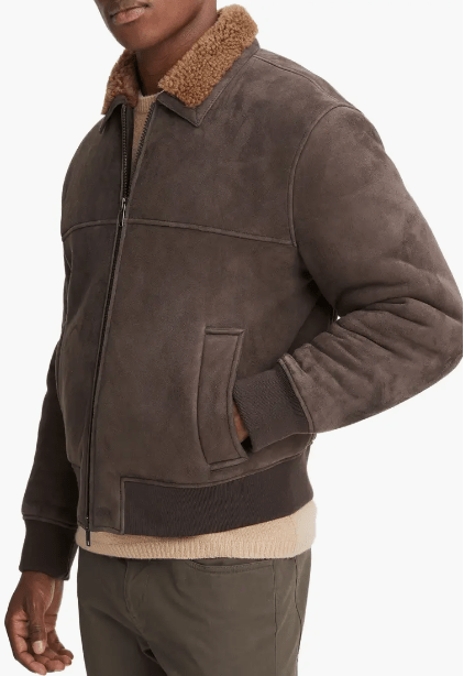 Men's Premium Beige Suede Shearling Leather Jacket by Avanzar Leather