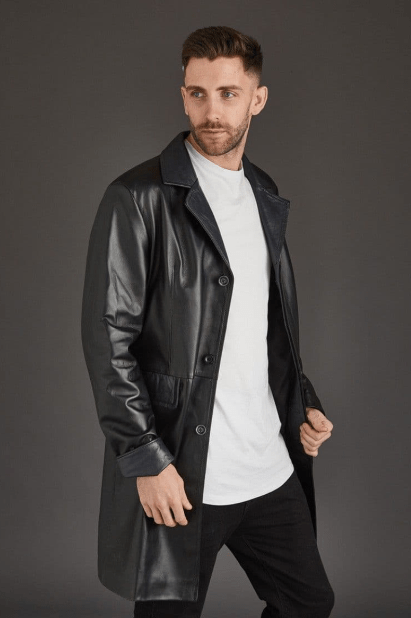 Men's Black Leather Trench Coat