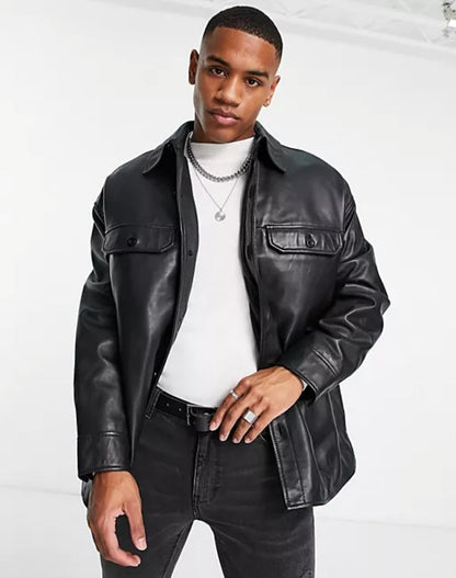 Men's Black Trucker Leather Shirt