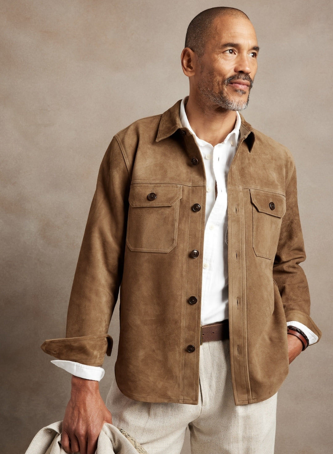 Men's Tan Brown Trucker Suede Leather Shirt