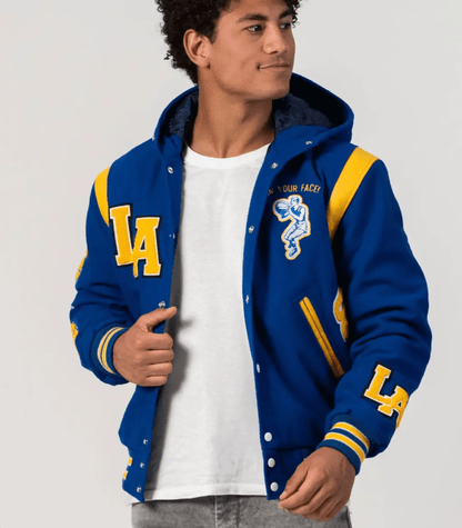 Los Angeles Limited Edition Varsity Bomber Jacket in Blue with Hood