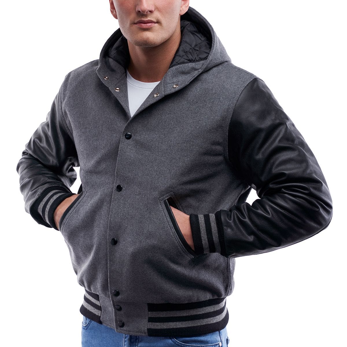 Men's Varsity Leather Jacket in Gray with Hood