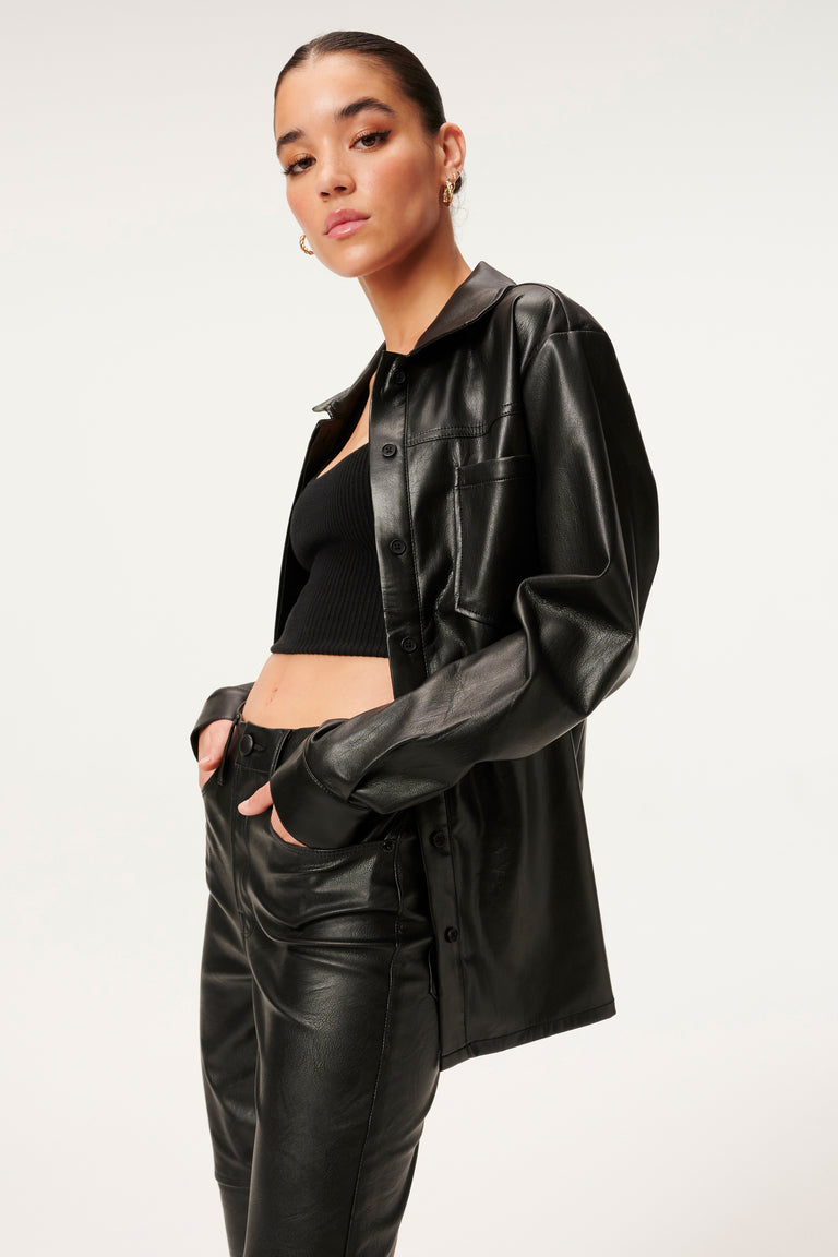 Women's Black Trucker Leather Shirt with Classic Fit