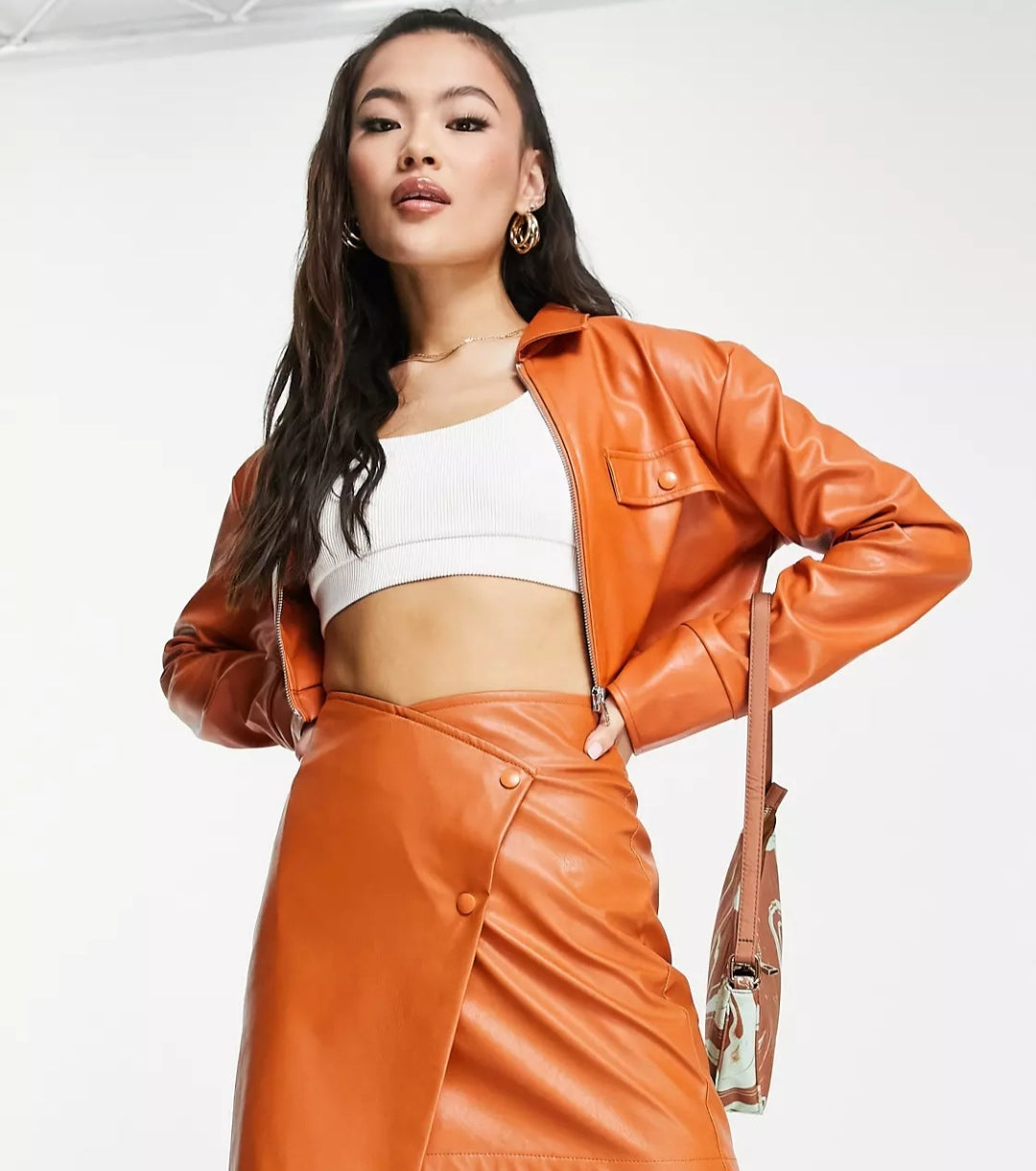 Women's Orange Cropped Full Sleeve Leather Shirt with Trendy Fit