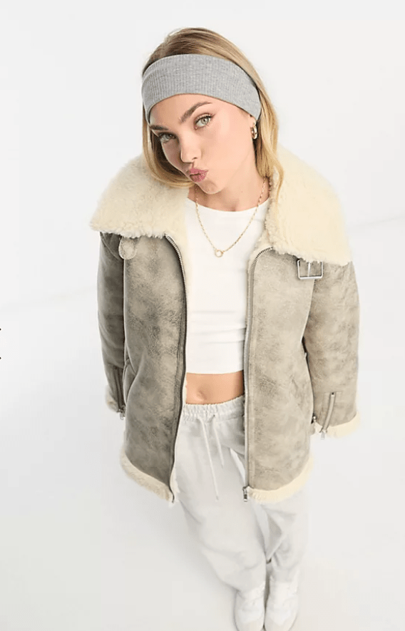 Women's White Distressed Shearling Bomber Leather Jacket