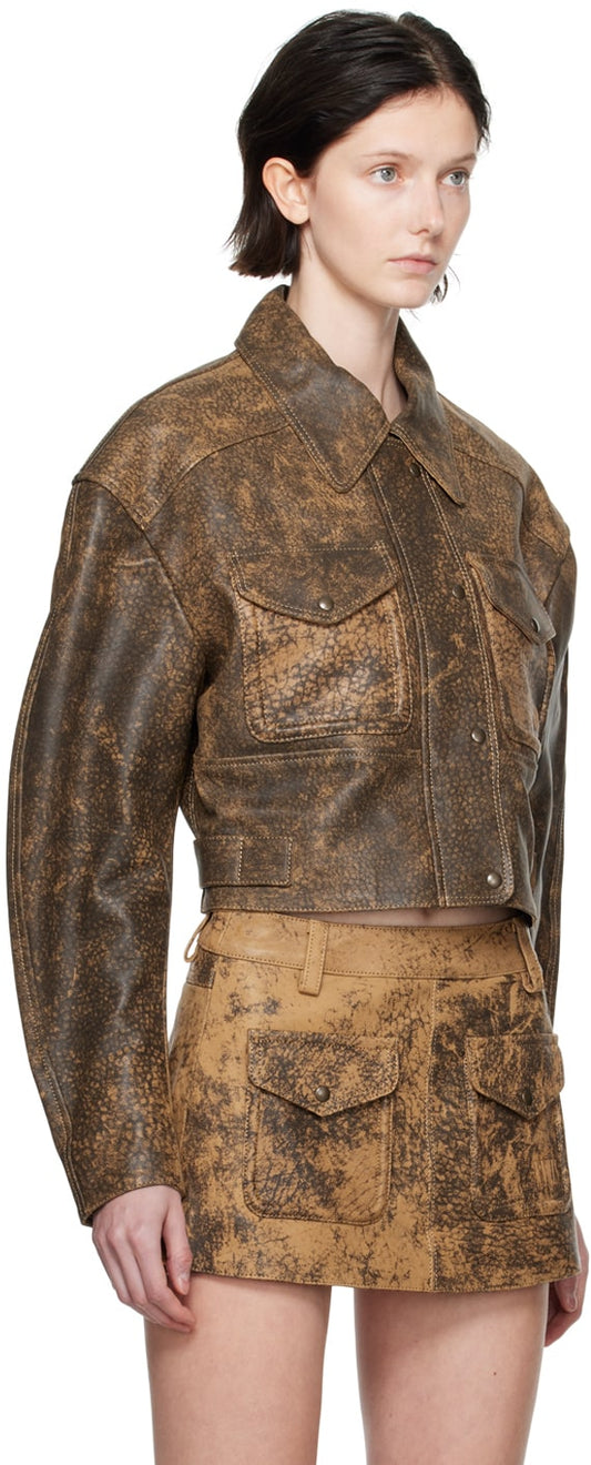 Women’s Dark Brown Distressed Trucker Leather Jacket