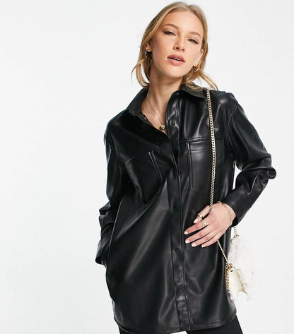 Women's Classic Black Leather Trucker Shirt