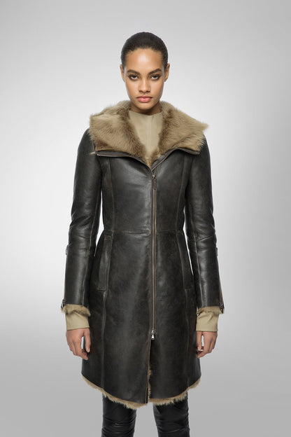 Women's Black Shearling Parka Leather Coat