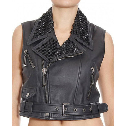 Women's Black Studded Leather Vest with Belted Waist