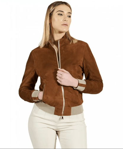 Women's Dark Brown Suede Leather Bomber Jacket