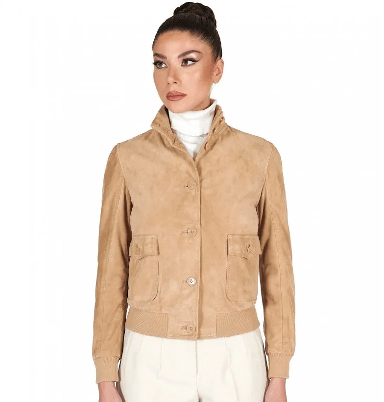 Women's Tan Brown Suede Trucker Bomber Leather Jacket