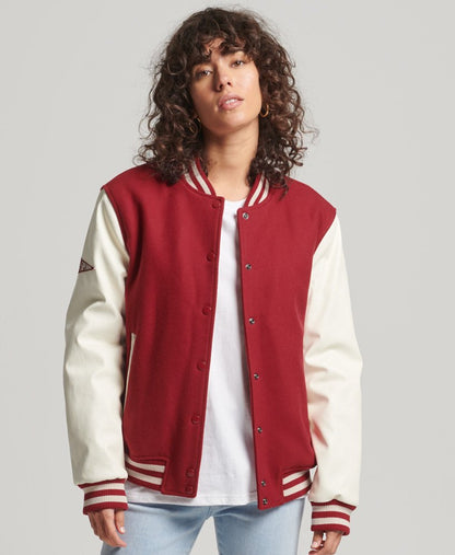 Women's Red & White Sleeves Varsity Bomber Leather Jacket