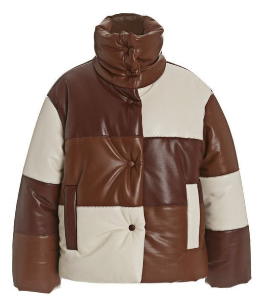 Luxury Brown Lamb Leather Puffer Jacket - Stylish & Warm