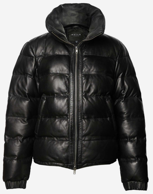 Men’s Black Leather Puffer Jacket - Stylish & Warm