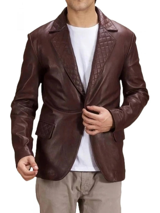 Men's Quilted Lapel Burgundy Leather Blazer Elegant & Fashionable Outerwear