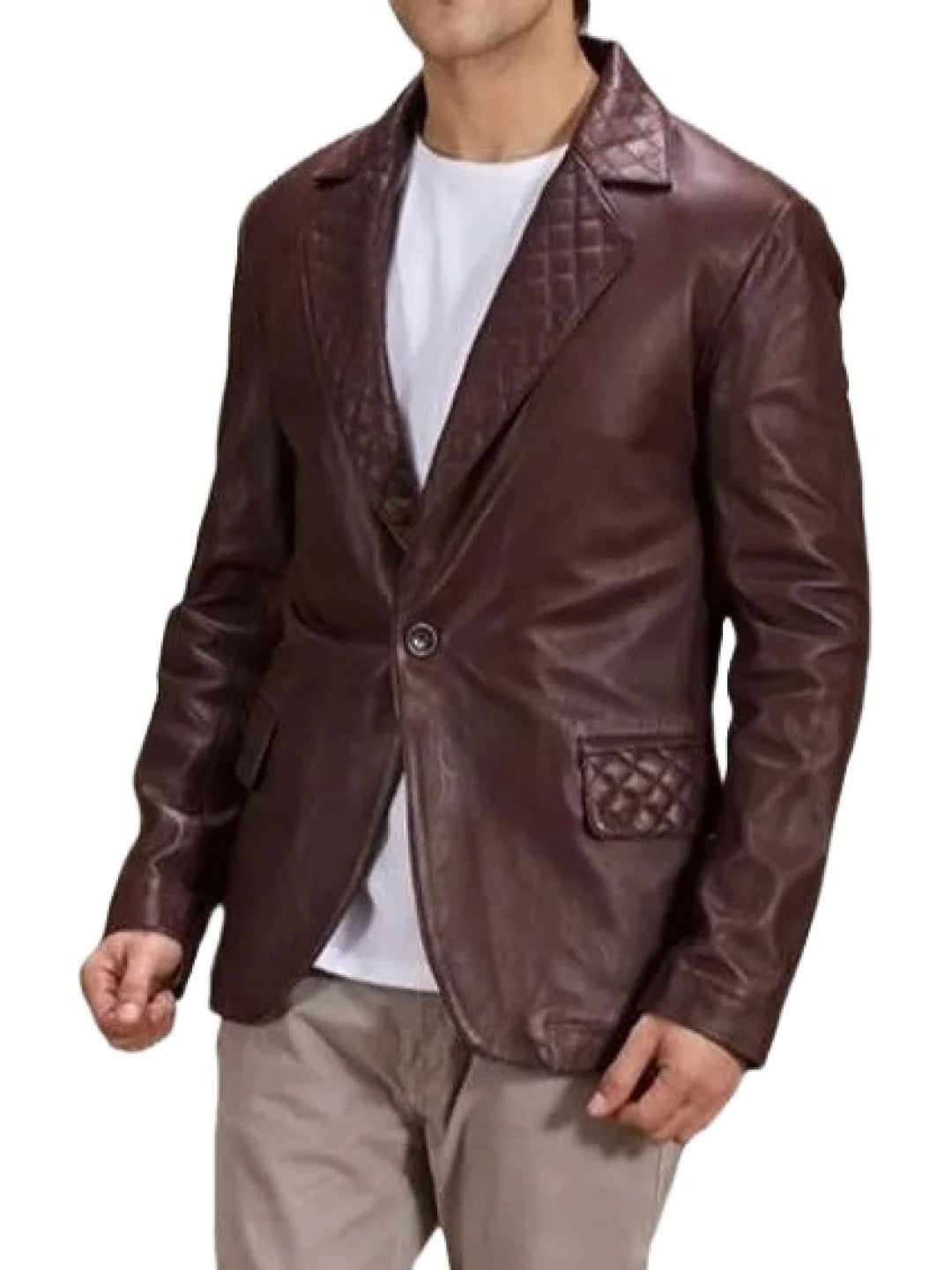 Men's Quilted Lapel Burgundy Leather Blazer Elegant & Fashionable Outerwear