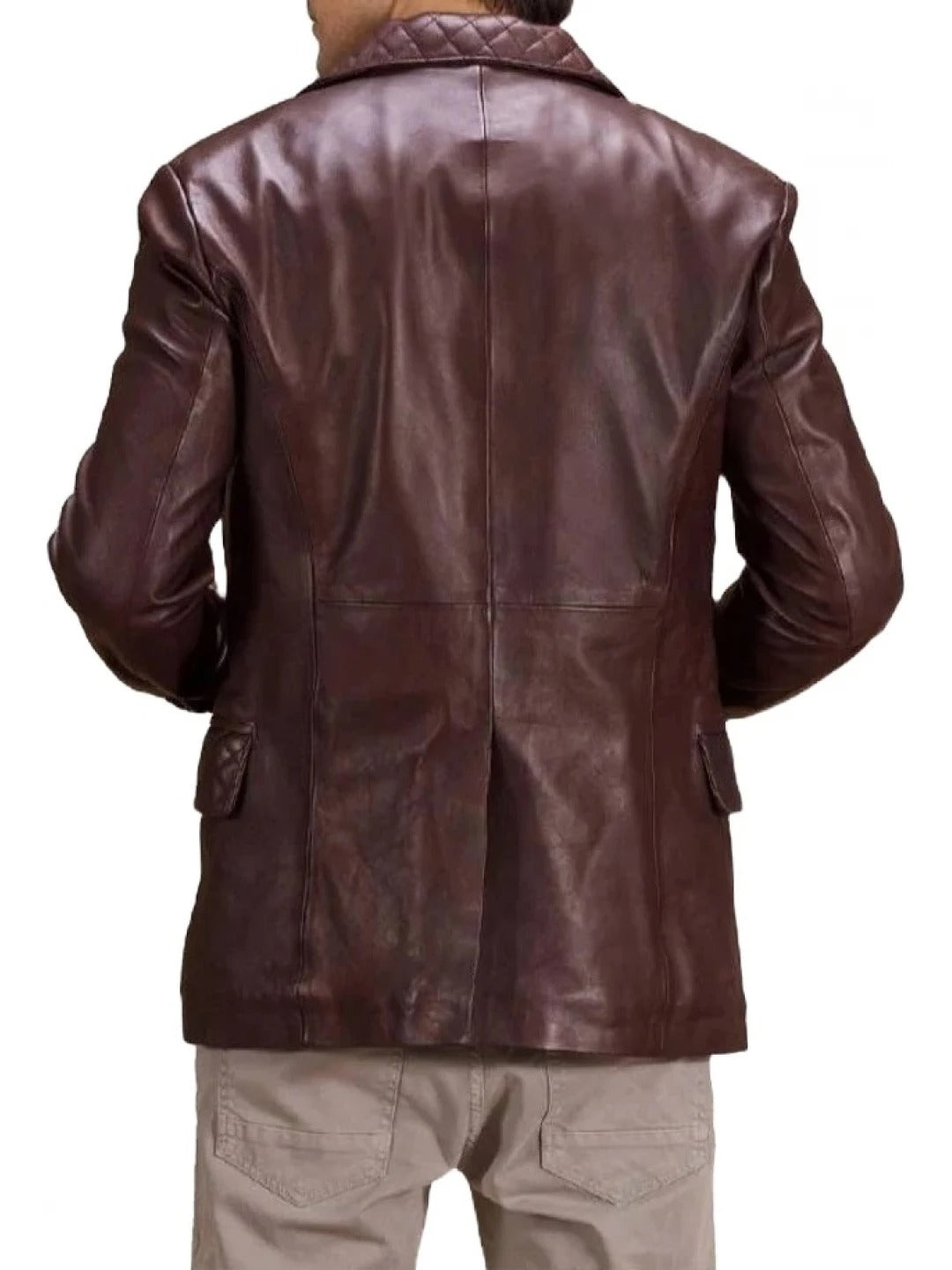 Men's Quilted Lapel Burgundy Leather Blazer Elegant & Fashionable Outerwear