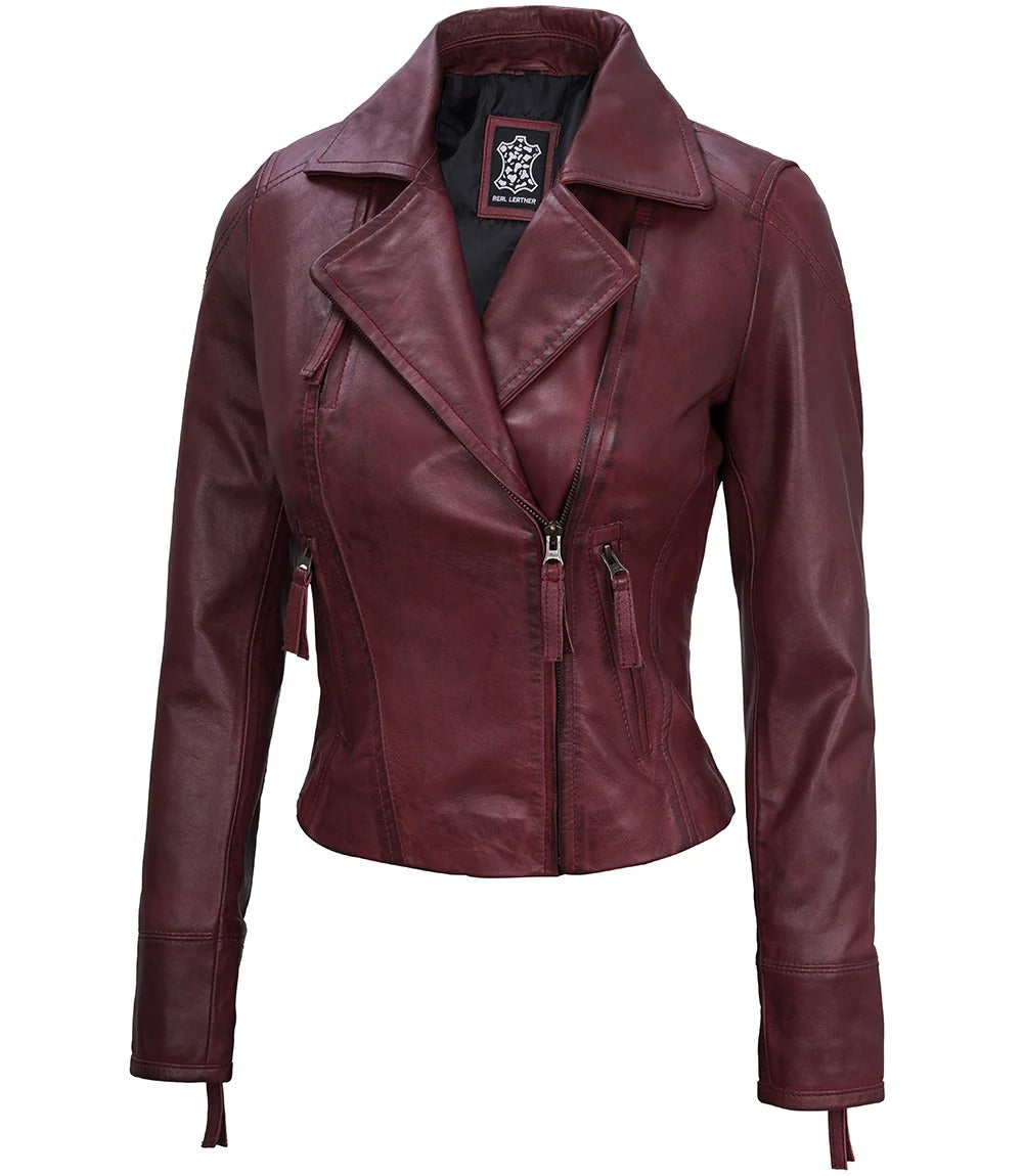 Avanzar Leather Ramsey Women's Maroon Asymmetrical Waxed Biker Leather Jacket