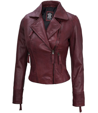 Avanzar Leather Ramsey Women's Maroon Asymmetrical Waxed Biker Leather Jacket