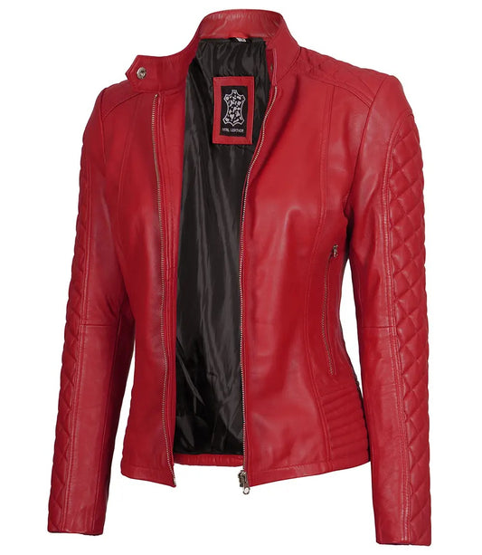 Avanzar Leather Women's Red Quilted Sleeves Cafe Racer Leather Jacket